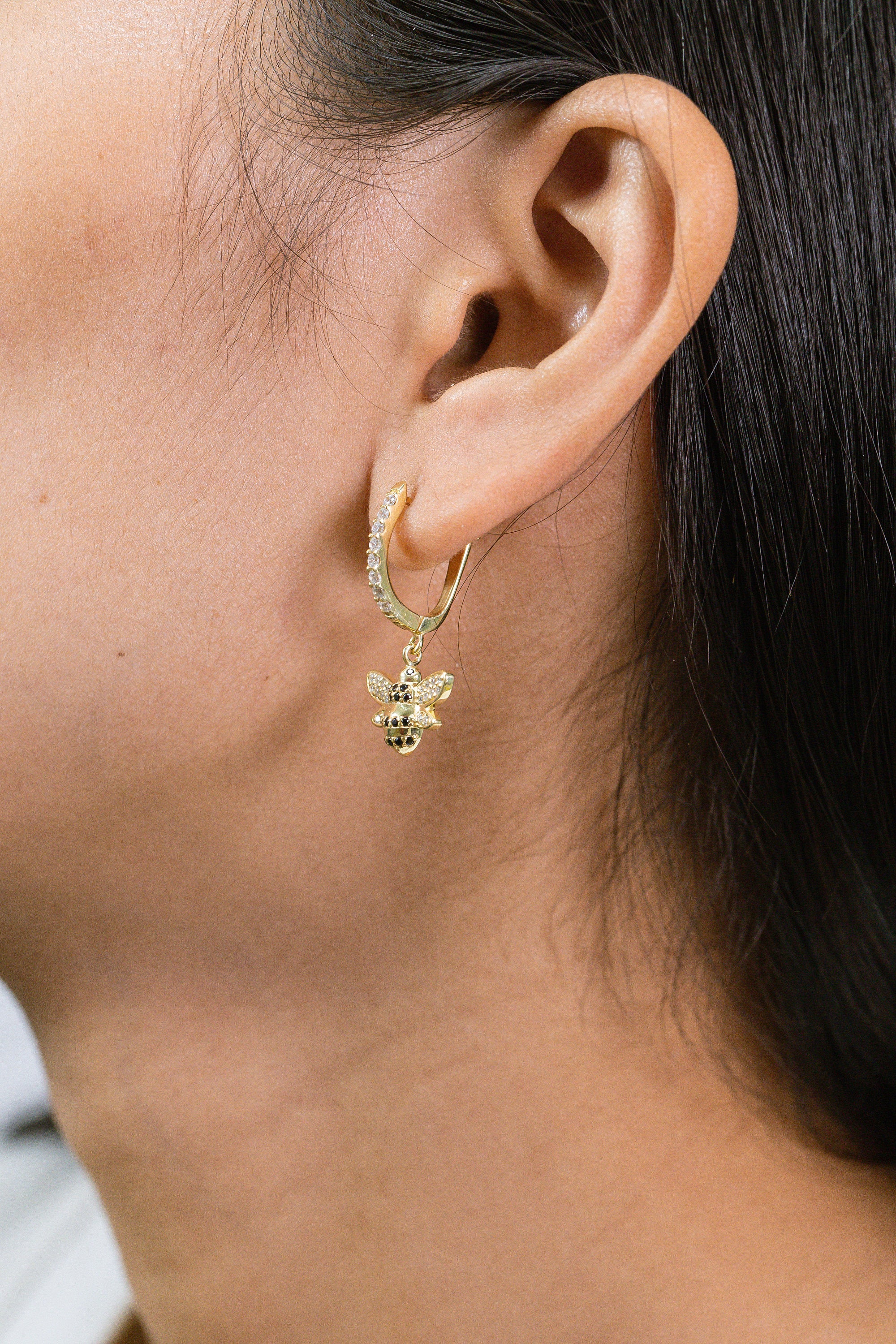 Honey Bee Hoop Earrings, 18K Gold Black Diamond Hoop Earrings, Dangle Hoop Earrings, Bridesmaid Gift, Animal Hoops